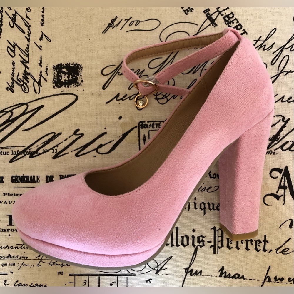 Platform Blocked Heels; Buckled Ankle Strap w/Dangle Crystal Charm; Suede; Pink